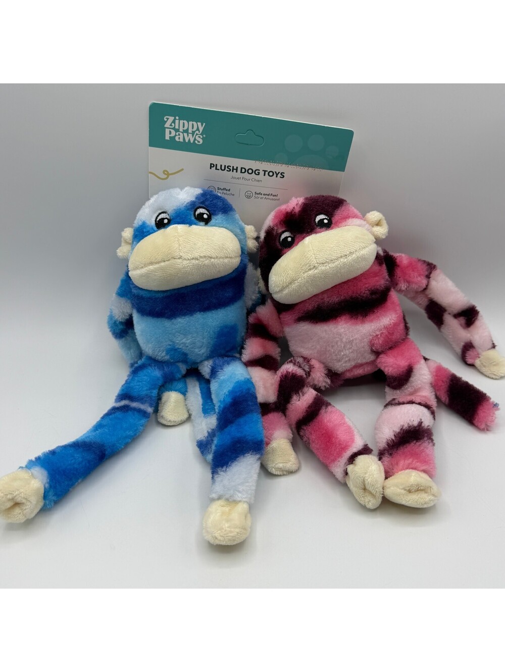 ZippyPaws Plush Dog Toy 2 Pack Monkey Squeaker Long Legs Blue & Pink Camo Stripe
